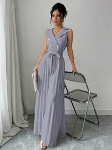 Mono elegante de mujer con diseño de doble botonadura y plisado en color albaricoque, para primavera y otoño - Gris - Ver 6