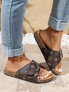 Women's Large Round Buckle Non-Slip Round Toe Flat Sandals, Brown Slippers Suitable For Summer Vacation And Daily Wear,Beach Sandals - Brown - View 3