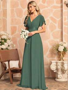Vestido de dama de honor con cuello en V elegante, mangas con volantes y mariposa, color verde salvia, vestido de invitada de boda, vestido de primavera semi-formal para boda, fiesta de cumpleaños, graduación, Día de San Valentín - Verde Oliva - Ver 3