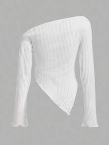 ICON Camiseta con cuello asimétrico y borde de diente de lechuga, estilo Y2K Grunge - Blanco - Ver 2