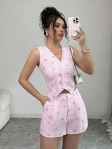 Conjunto de 2 piezas de chaleco y shorts casuales a rayas para mujer de verano - Rosa - Ver 5