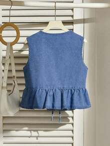 Chaleco de mezclilla casual de mujer con lazo anudado, dobladillo con volantes y color azul - Azul lavado medio - Ver 2