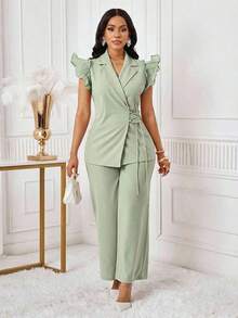 Conjunto de traje de mujer con blazer de manga con volantes rosa y pantalones elásticos de cintura alta para otoño/invierno - verde menta - Ver 7