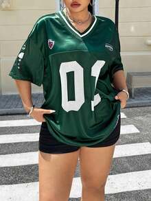 Camiseta casual de manga corta con cuello en V y estampado de letras para mujeres de talla grande - Verde - Ver 3