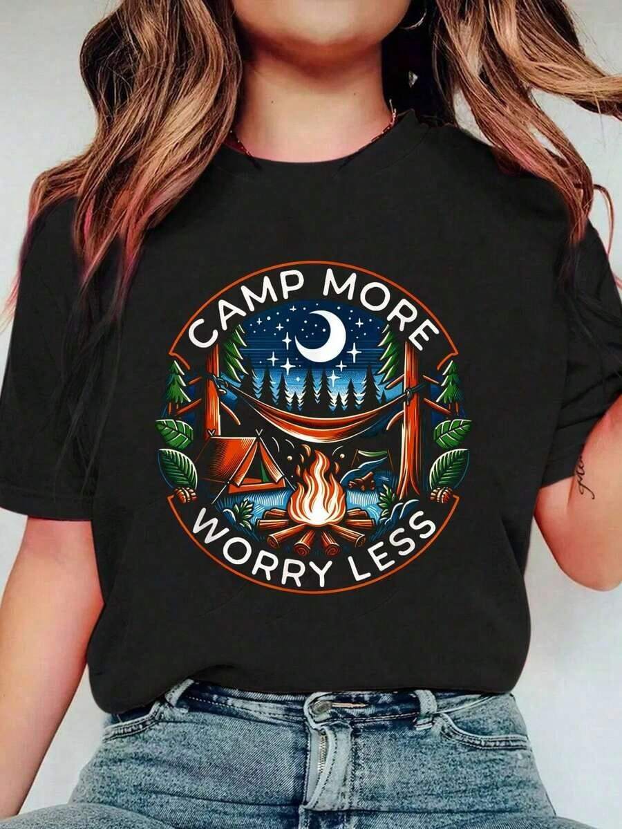100% Cotton Camp More, Less Worry - Funny Camping T-Shirt For Women And Men, Plus Sizes, Soft T-Shirt, Breathable Casual Tops - 黑色 - 查看 1