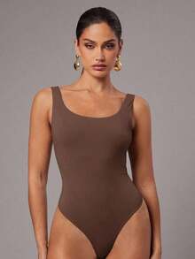 Body sin espalda y sin mangas de unicolor y sexy para mujer - Marrón Mocha - Ver 8