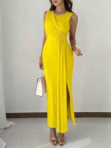 YHHRafferiza Vestido elegante de fiesta con cuentas sin mangas para mujer, vestido de noche largo de verano para eventos formalesYHH - Amarillo - Ver 3