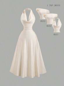YHHSweetra Elegante vestido retro francés de color albaricoque convertible con cuello halter o cuello halter, con acento de hebilla de metal delicada, diseño de fruncido en la cintura, silueta grácil de línea AYHH - Albaricoque - Ver 1