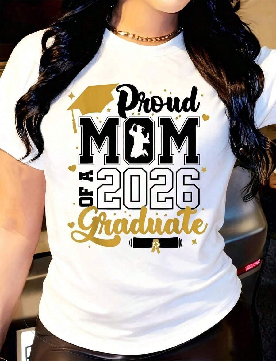 Women's "Proud Mom" T-Shirt, Fashionable Graduation T-Shirt, Casual, Round Neck, Short Sleeve, Suitable For Daily Outdoor Wear, Perfect For All Seasons. - 白色 - 查看 1