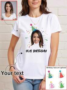 Personalized Photo T-Shirt, Simple Spring/Summer/Autumn Clothing For Women, Customize With Friends/Couples/Pets/Sisters/Selfie/Photo Print, Personalize Text/Blessing/Name, Group Clothing Customization, Surprise Gift, Birthday Gift, Wedding Gift, Mother's Day Gift, Best Friend Gift, Anniversary Gift, Valentine's Day Gift, Gift For Her, Blouse, Party Gift - 黑色 - 查看 6