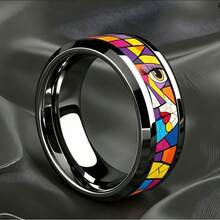8mm Steel Color Tungsten Carbide Beveled Edge Ring, Decorated With Picasso Style Abstract Human Face Pattern, Artistic 3D Personalized Ring, Comfortable Fit Unisex Jewelry, Suitable As Gift For Art Lovers - Abstract Human Face - View 4