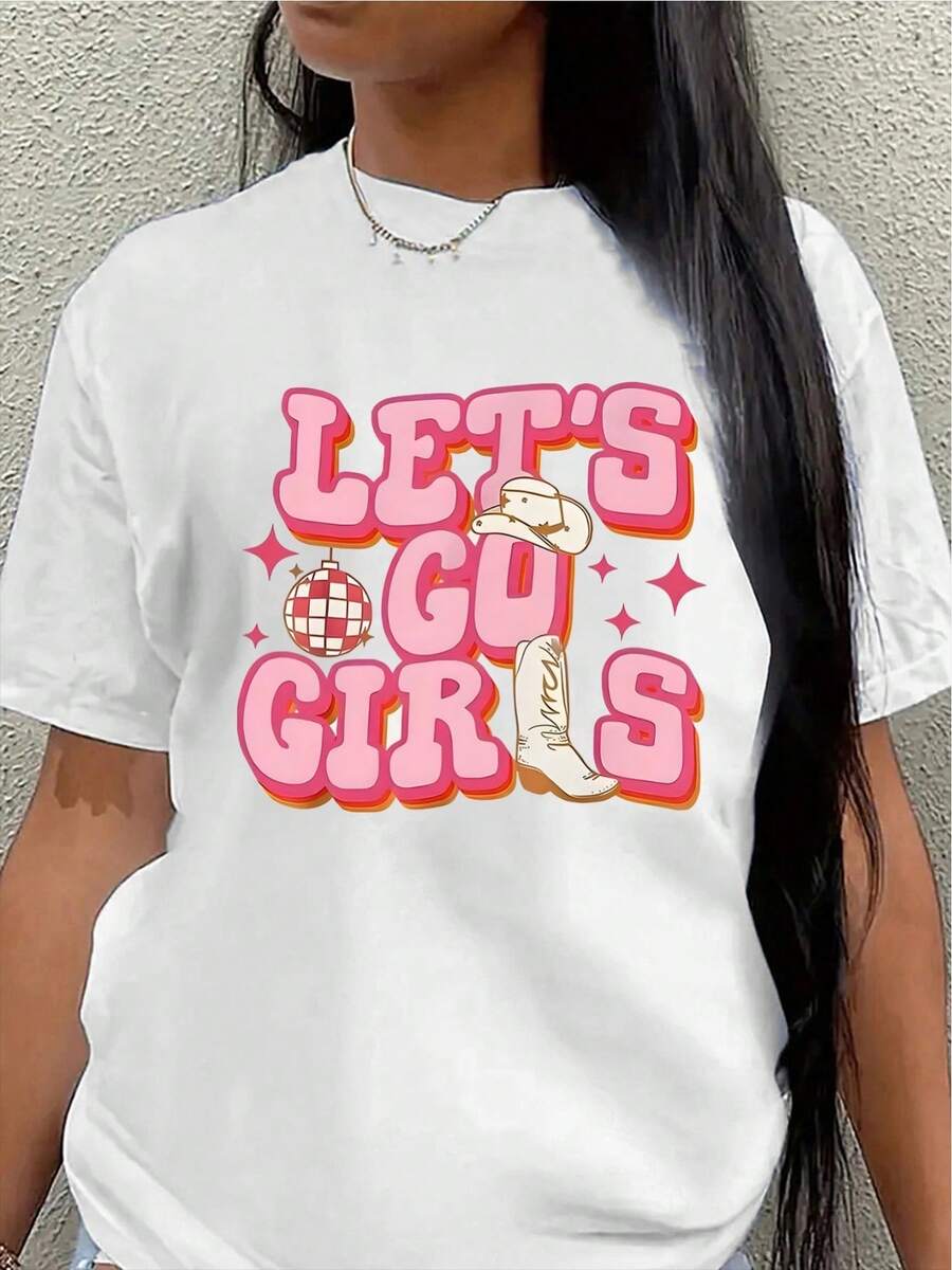 Lightweight And Durable Short-Sleeved T-Shirt With A Printed Design Featuring The Words "Let's Go". Suitable For Casual Activities Such As Meetings Or Dinners, Combining Comfort And Style With Pink Lettering And Cowboy Hat Illustrations. Women's Shirts - 白色 - 查看 1