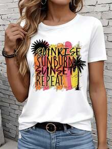 Camiseta de manga corta GraphicLadies para mujer, informal, blanca, con diseño colorido, para ocio, actividades al aire libre, hogar, playa, verano, con estampado de palmeras, 220g, ideal como regalo para fiestas y vacaciones. - Blanco - Ver 3