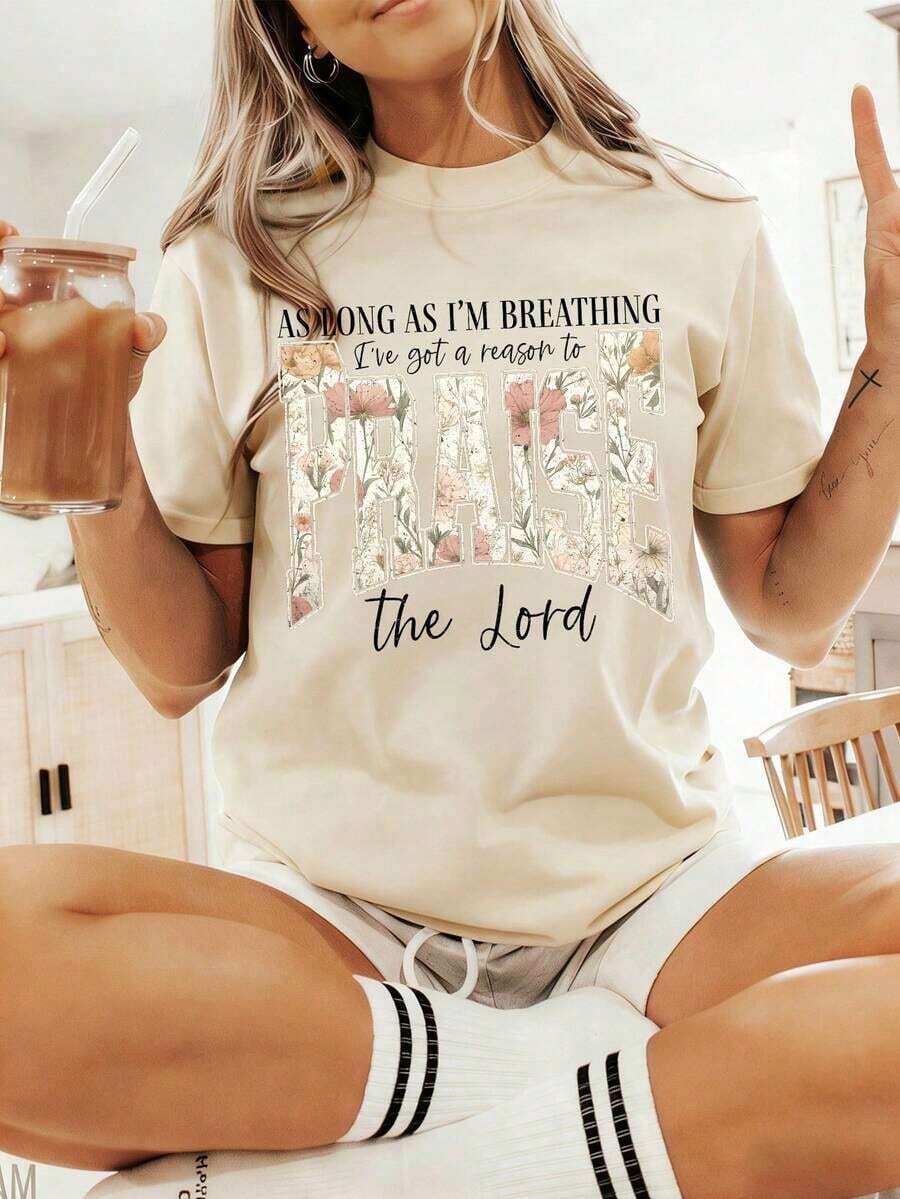 Camiseta gráfica para mujer con estampado "Busqué al Señor y Él me escuchó y me respondió", estampado de versículo bíblico, tops de verano, atuendos casuales para vacaciones, camisetas de algodón de estética cristiana, ropa de verano. - Albaricoque 8 - Ver 1