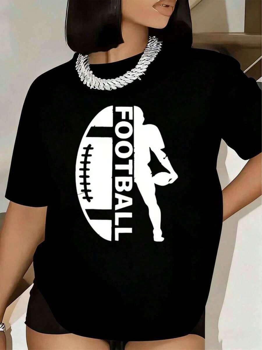 Camiseta Casual para Mujer, Estampado Gráfico de Jugador de Fútbol y Balón, Manga Corta, Cuello Redondo, Ropa Casual, 220g, 100% Algodón, Duradera - Negro - Ver 1