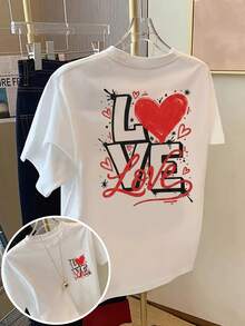 Women's Casual Short Sleeve T-Shirt For Summer Vacation, With Front And Back Print - LOVE,  Heart Print - Fashionable Women's Print T-Shirt For Spring/Summer, Fashion Item - 白色 - 查看 7
