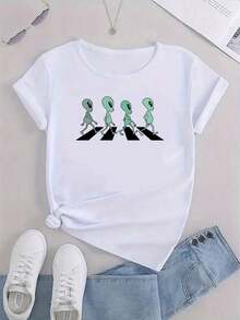Women's Casual Short Sleeve T-Shirt With Fun Alien Print, Woven Polyester Blend Fabric, Versatile Stretch T-Shirt For All Seasons, Sports Top, Women's Gym T-Shirt 2026, Pilates Shirts 2026, Women's Sportswear, Women's Sports T-Shirt. Suitable For Spring, Summer And Autumn - 白色 - 查看 2
