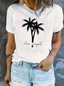 Comfortable Print. 1 Women's Black T-Shirt With A Tropical Palm Tree Design, Short Sleeves, Perfect For Casual Beach Outings, Recommended As A Mother's Day And Father's Day Gift. This Soft Summer Essential Features A Digital Print And A Relaxed Fit. Simple And Casual Summer Top. - 白色 - 查看 3