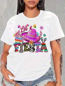 Camiseta de Mujer con Diseño de Sombrero y Flores de Temática Mexicana Lets Fiesta para Fiesta Casual y Celebración del Cinco de Mayo - Blanco - Ver 1