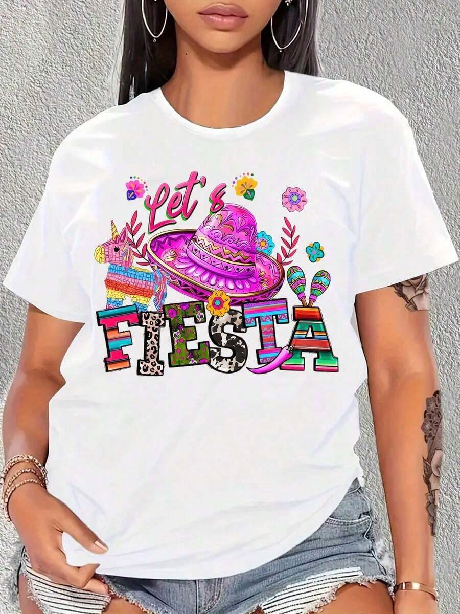 Camiseta de Mujer con Diseño de Sombrero y Flores de Temática Mexicana Lets Fiesta para Fiesta Casual y Celebración del Cinco de Mayo - Blanco - Ver 1