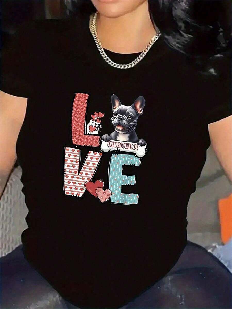 Soft, Breathable, And Lightweight For All-Day Comfort. Short-Sleeve T-Shirt With An Adorable Dog Design. | Comfortable, Durable, Soft Fabric, Ideal For Casual Occasions. Stylish And Lightweight Blouse For Everyday Wear, Crew Neck, Medium-Stretch Fabric, Printed Design. Classic Crew Neck With A Relaxed Fit That Flatters All Body Shapes And Is Easy To Pair With Jeans, Shorts, And Leggings. - 黑色 - 查看 1