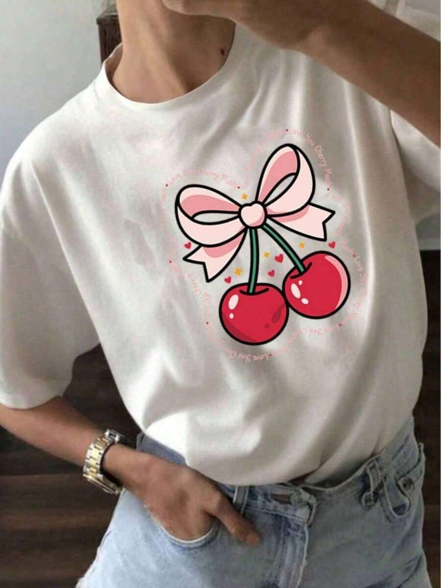 YOCASA Women's Summer Fitted Short Sleeve T-Shirt With Round Neck And Oil Painting Print Of Flowers, Hearts, Cherries, And Lettering. Simple And Casual Fabric, Sporty Style, Ideal For Everyday Wear And A Valentine's Day Date - Unisex Loose Cotton Short Sleeve Round Neck T-Shirt, Urban Vintage Style, Women's Blouses. Casual Blouses For Ladies. - 黑色 - 查看 1