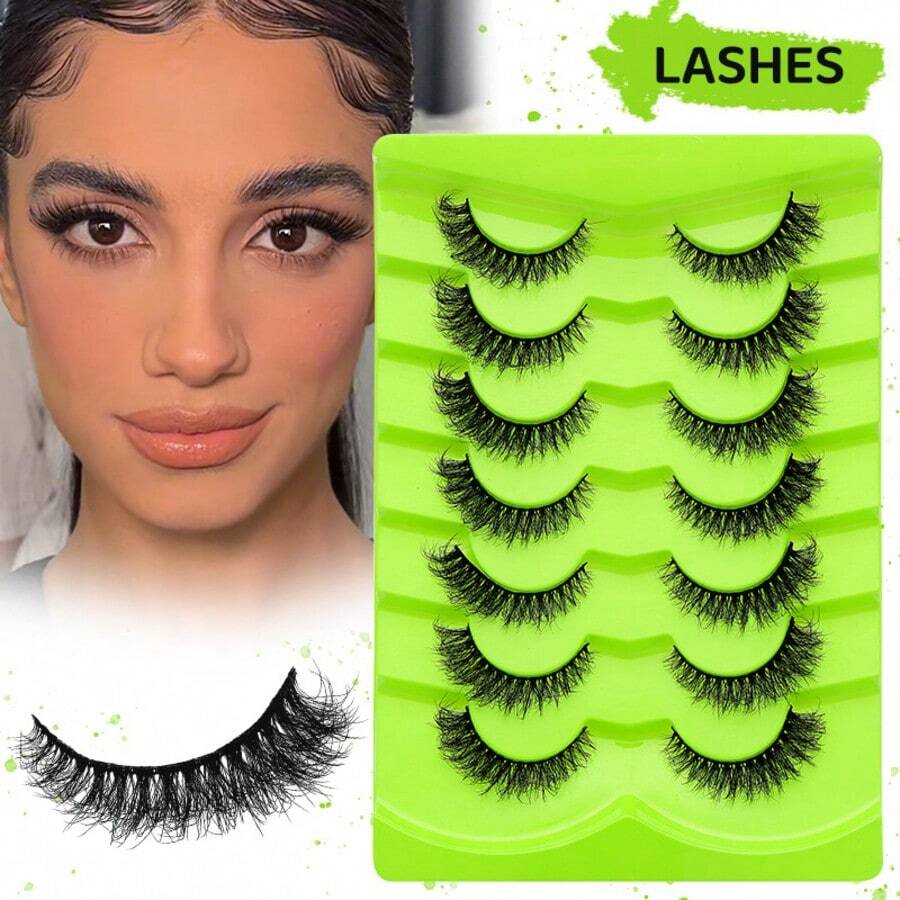 7 Pairs 3D Fluffy Wing False Eyelashes, Natural Look Reusable Waterproof Eyelash Strips, Cat Eye Style Suitable For Daily And Festive Occasions, Lengthening Lashes - 黑色 - 查看 1