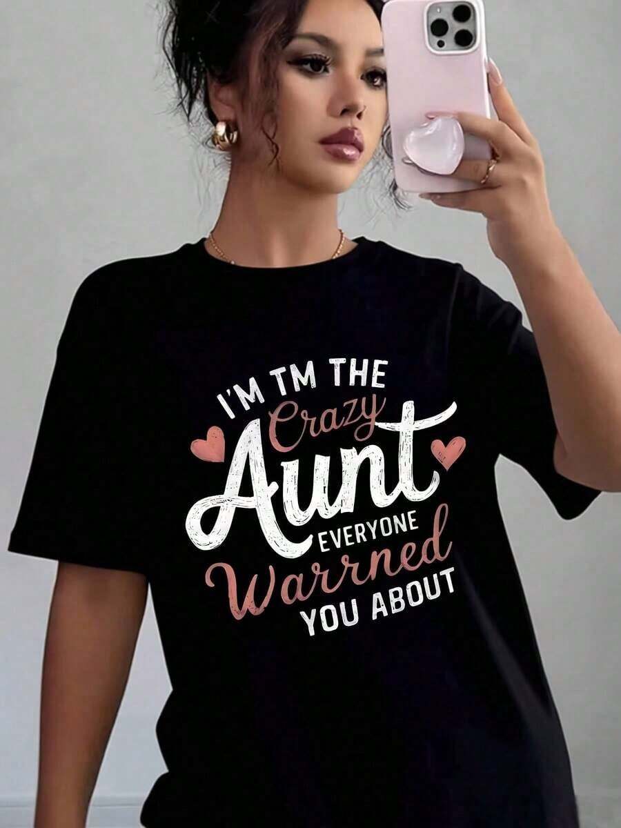Suave, soy la tía loca, todos te advertieron sobre esto. Camiseta casual para mujer con estampado gráfico, suave y cómoda, regalo para tía, cumpleaños, Navidad, vacaciones. - Negro - Ver 1