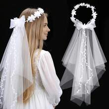 1pc First Holy Communion Headpiece For Girls, White Flower Headband Veil Crown Headpiece With Bow, Pearl Hair Accessory For Wedding - White - View 8