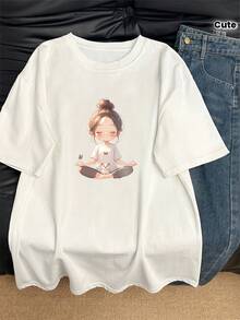 Women's Summer Casual Graphic T-Shirt | Casual T-Shirt With Cat And Meditation Print, Crew Neck, Loose Fit, Breathable, Machine Washable, Korean-Japanese Style, Non-Stretch Fabric, Urban Style, Soft Material, Graphic Print T-Shirt - 白色 - 查看 2
