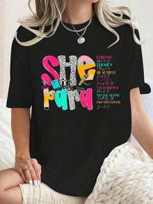 1 Piece Women's T-Shirt "She's A Teacher Happy First Day Of School Back To School" - Casual Short Sleeve Crew Neck T-Shirts - Perfect For The Holiday Season And Outdoor Activities 180g 100% Cotton - 黑色 - 查看 1
