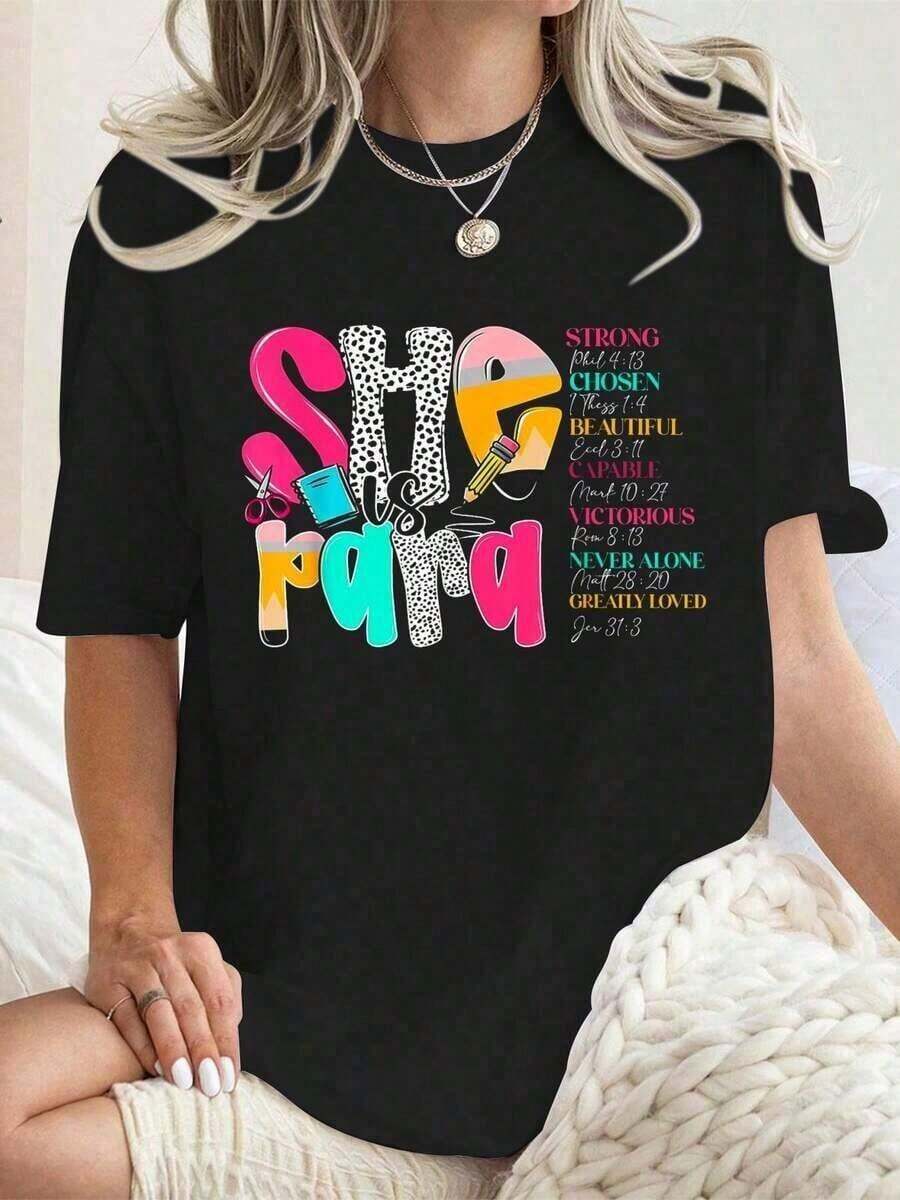1 Piece Women's T-Shirt "She's A Teacher Happy First Day Of School Back To School" - Casual Short Sleeve Crew Neck T-Shirts - Perfect For The Holiday Season And Outdoor Activities 180g 100% Cotton - 黑色 - 查看 1