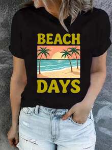 Camiseta de manga corta con cuello redondo para mujer, estampada, moderna y casual, lavable a máquina, ajuste cómodo, estampado plano 2D Blusas Para Mujer Casual. - Negro_07 - Ver 1
