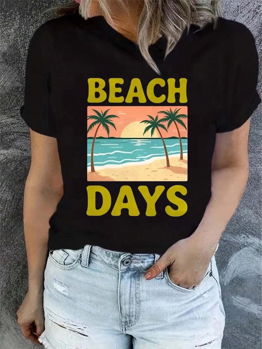 Camiseta de manga corta con cuello redondo para mujer, estampada, moderna y casual, lavable a máquina, ajuste cómodo, estampado plano 2D Blusas Para Mujer Casual. - Negro_07 - Ver 1