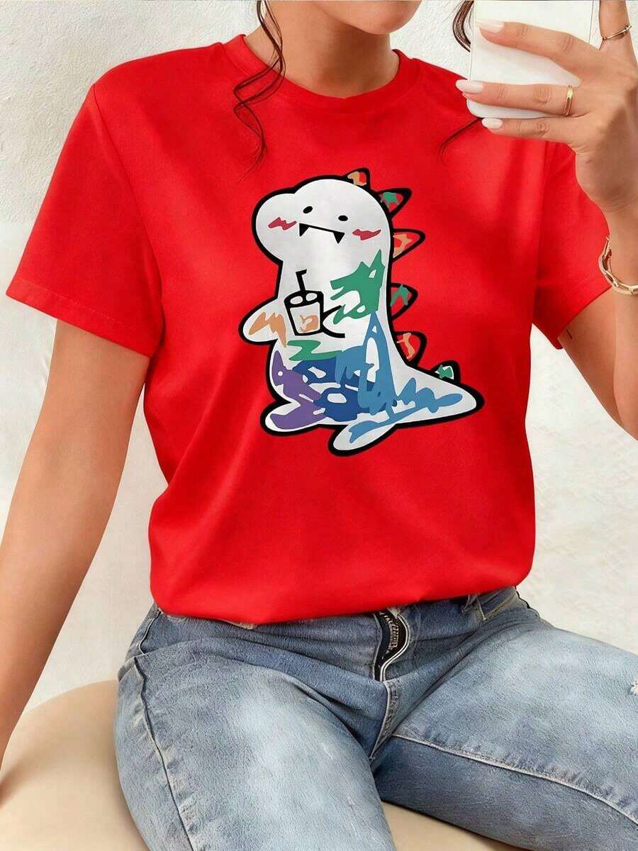 White Dinosaur Figure With Vibrant Color Details That Convey Energy, Joy And A Sense Of Freedom While Holding A Modern Drink, Inspiring Urban Fun. Women's 100% Cotton T-Shirt, Comfortable And Modern For Everyday Wear. Comfortable Clothing. - 紅色 - 查看 1