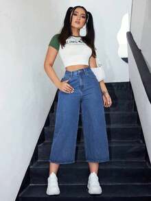Jeans de pierna ancha recortado - Azul - Ver 6