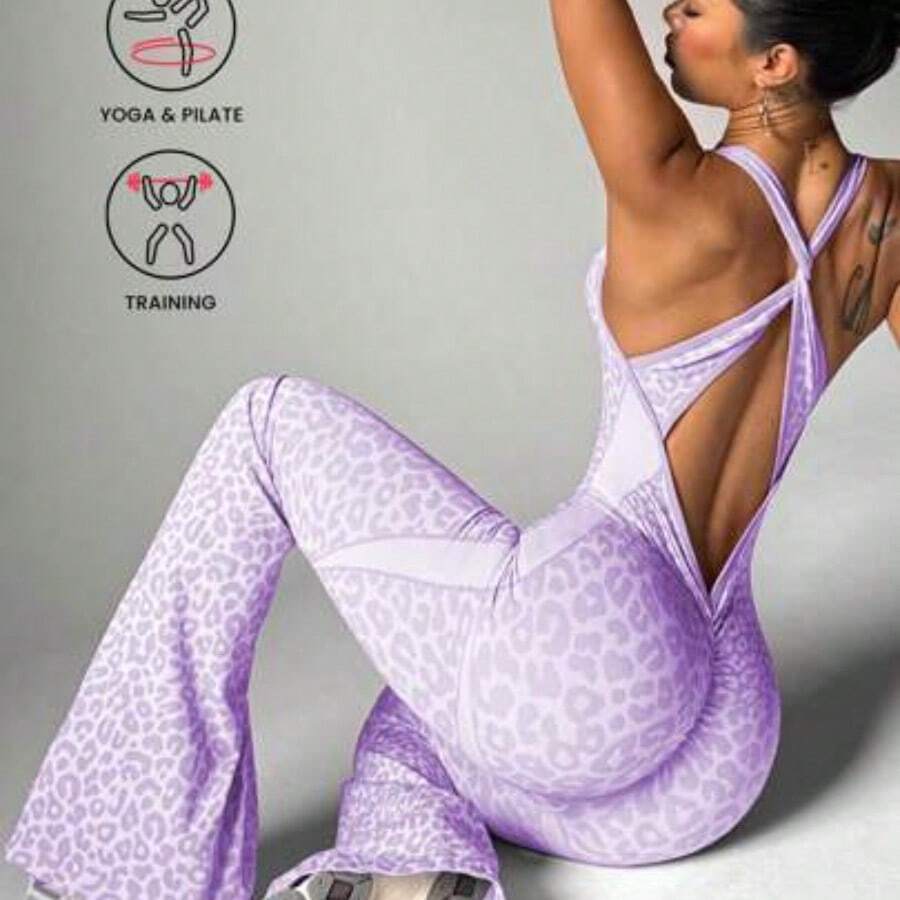 Slayform 1pc Leopard Print Twisted Back Deep V Flare Jumpsuit Leopard Jumpsuit Flared Leggings Jumpsuit Flare Yoga Jumpsuit Pink Leopard Print Jumpsuit Pink Cheetah Print Jumpsuit Flared Cheetah Print Jumpsuit Jumpsuit For Women Workout - Púrpura malva - Ver 1
