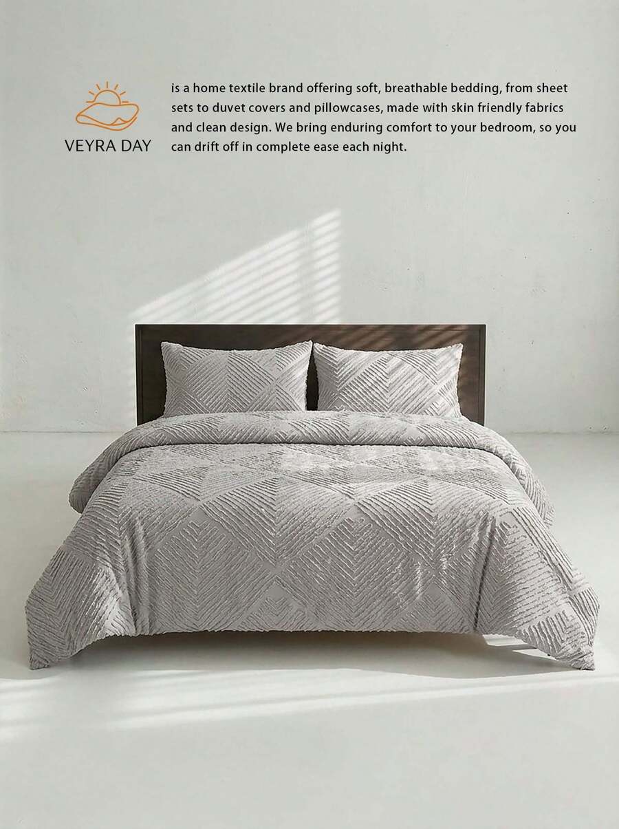 Bộ chăn ga gối 2/3 món kiểu Bohemian, 100% polyester, họa tiết hoa 3D xếp nếp, không kèm ruột chăn, thích hợp cho mọi mùa, kiểu dáng hiện đại với 1/2 vỏ gối. - Xám - Xem 1