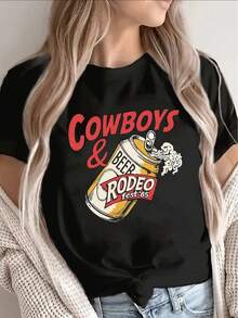 Pure Cotton Short-Sleeved T-Shirt, Decorated With A Beer- Cowboy Design, Suitable For Bar Parties And Casual Wear, Lightweight And Durable Design, Ideal For Outdoor Activities And Daily Use. - 黑色 - 查看 1