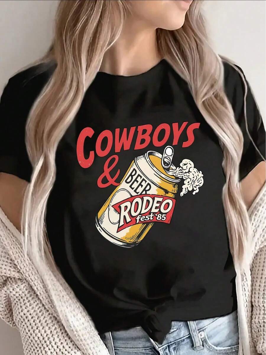 Pure Cotton Short-Sleeved T-Shirt, Decorated With A Beer- Cowboy Design, Suitable For Bar Parties And Casual Wear, Lightweight And Durable Design, Ideal For Outdoor Activities And Daily Use. - 黑色 - 查看 1