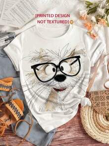 Women's T-Shirt With Hand-Drawn Dog And Glasses Print | Vintage Dog And Glasses Design, Stylish And Comfortable, Round Neck, New Spring/Summer T-Shirt - 白色 - 查看 1