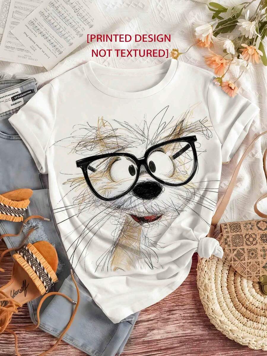 Women's T-Shirt With Hand-Drawn Dog And Glasses Print | Vintage Dog And Glasses Design, Stylish And Comfortable, Round Neck, New Spring/Summer T-Shirt - 白色 - 查看 1