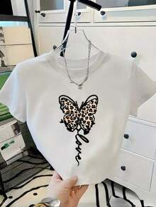 New Fashionable Women's Casual T-Shirt With Leopard And Butterfly Print, White, Short Sleeve And Round Neck, Made Of Pure Cotton, Regular Fit, Suitable For Everyday Wear - Unisex Cotton T-Shirt, Urban Vintage Style, Loose Fit, Short Sleeve And Round Neck. - 白色 - 查看 3
