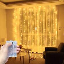 1 pieza Luces de cadena LED para cortina de ventana con 8 modos de iluminación, lámpara de atmósfera alimentada por batería para decoración de fondo de ventana en interiores, boda, fiesta de cumpleaños (Baterías no incluidas) - Lámpara de cortina con caja de pilas AA - Ver 16