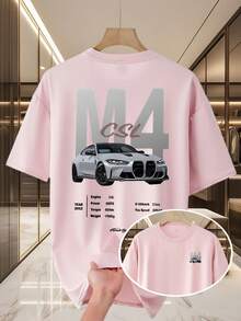 Men's Casual Summer T-Shirt, New Collection, Round Neck, Short Sleeve, Knit Fabric, Cool And Comfortable, Double-Sided "M10.16cm" Print On Front And Back, Ideal For Outdoor Activities, Printed Summer T-Shirt For Men - 粉色 - 查看 6