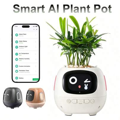 W&O 2026 Smart Pet Planter Robot Soil Moisture, Water Level, Light & Battery Monitor,Smart Plant Pot, With Audio Function, Neat Desk Setup Gift