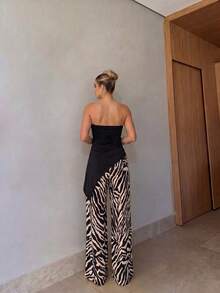 Atasan Rajut Tanpa Tali dengan Hem Asimetris dan Celana Panjang Longgar Motif Garis Zebra dengan Kantong dan Tali Dekoratif, Koleksi Musim Semi/Panas Wanita 2026, Ke-4 dari Koleksi Elegan - Hitam - View 6