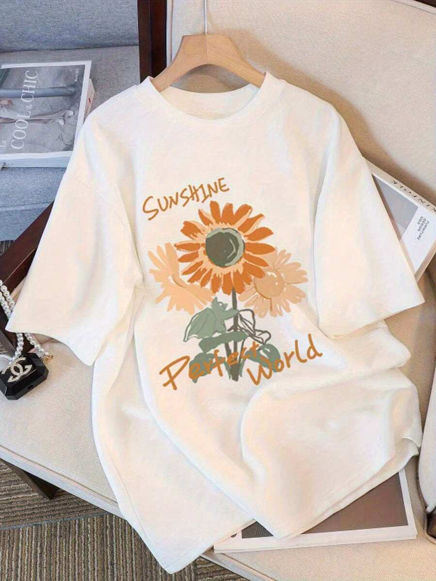 Women's Korean Style White T-Shirt, Modern And Minimalist, Plus Size - Short Sleeve T-Shirt With Sunflower Print, Floral Design In Beige/Brown/Orange/Yellow, Casual Summer Shirt Suitable For Beach And Daily Wear (No Chest Padding) Casual For Everyday. - 白色 - 查看 1