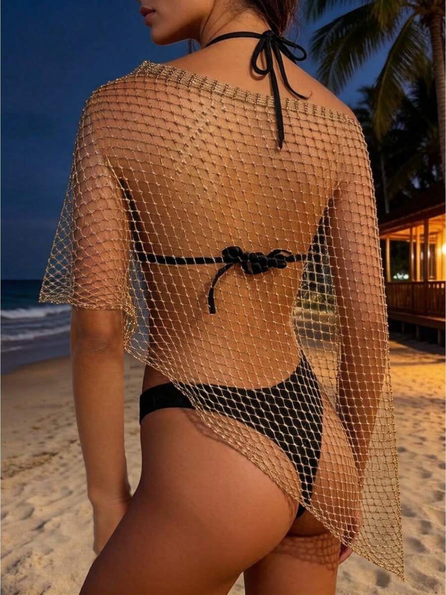 Women's Gold Fishnet Rhinestone Ponchos Tops Asymmetric Off One Shoulder Cut Out Mesh Cover Up Lingerie - Gold - View 1