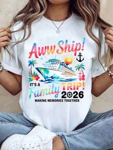 Aww Ship It's A Family Trip 2026 Cruise T-Shirt To Make Memories Together, For Family Vacation, Travel Souvenir Gift, Summer Clothes, 220g - Urban Vintage Style, Unisex, Loose Fit, Cotton, Short Sleeve, Round Neck, 100% Pure Cotton. - 白色 - 查看 1